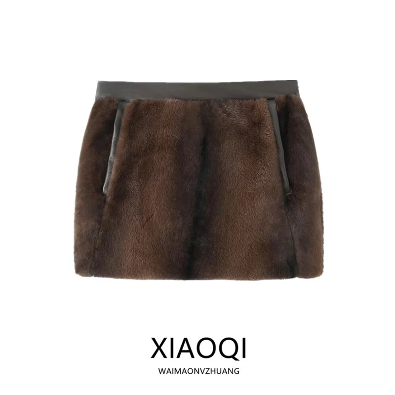 

Fall Winter New Design Women's ort Skirt Artificial Fur Effect High Waist Skirt Versatile Sle 2024 Winter Collection