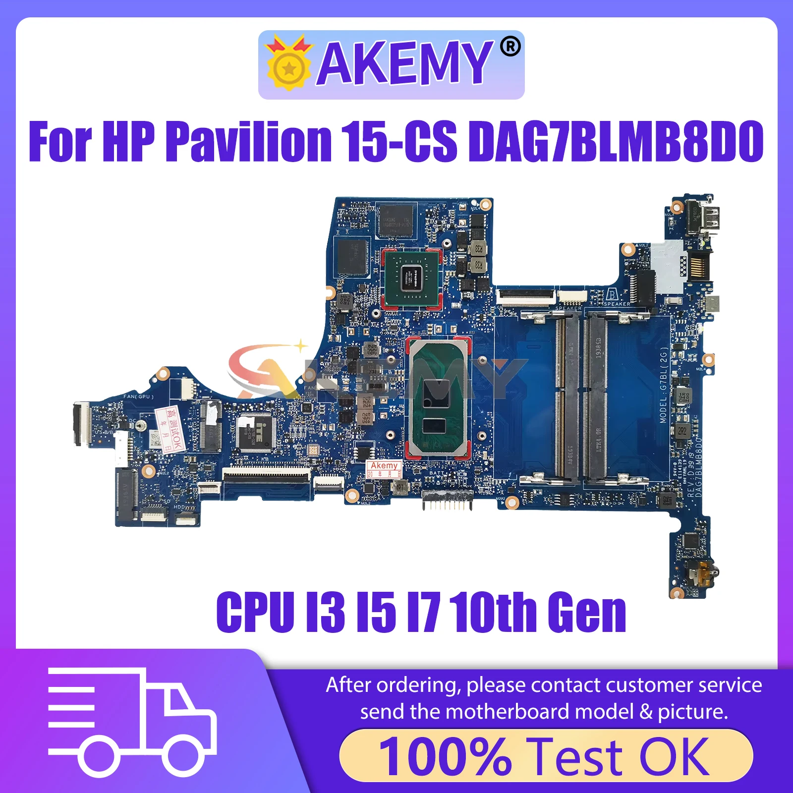 

AKEMY DAG7BLMB8D0 Laptop Motherboard For HP Pavilion 15-CS L67288-601 L76585-601 L67287-601 Mainboard CPU I3 I5 I7 10th Gen V2G