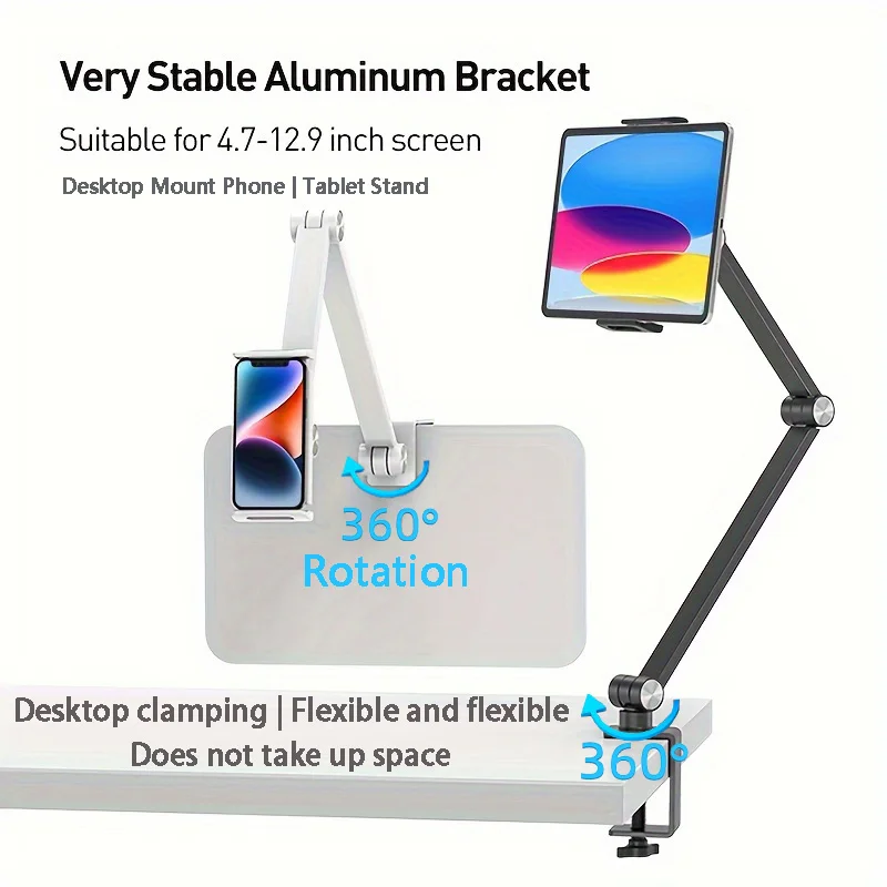 Adjustable Desk Mount Tablet Holder - 360° Rotation, Foldable Aluminum Desk Mount for Phones and Tablets (4.7-15.6 Inch)