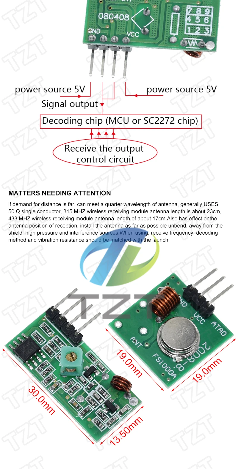 TZT Smart Electronics 433 MHz RF-Sender und Empfänger Modul-Link-Kit für Arduino/ARM/MCU WL DIY 315 MHz/433 MHz Wireless – Detail 3