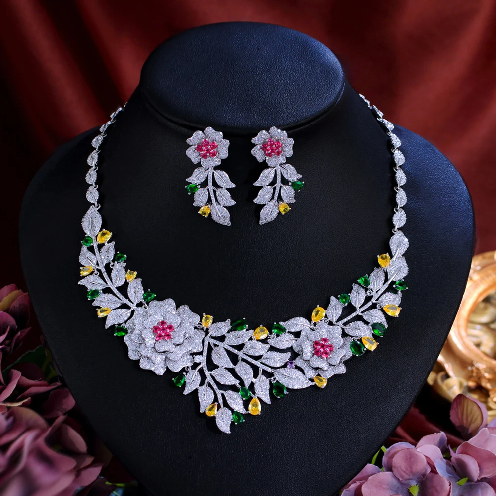 CWWZircons Luxury African Nigerican Cubic Zirconia Gold Color Big Rose Flower Bridal Wedding Necklace Earrings Jewelry Set T0637