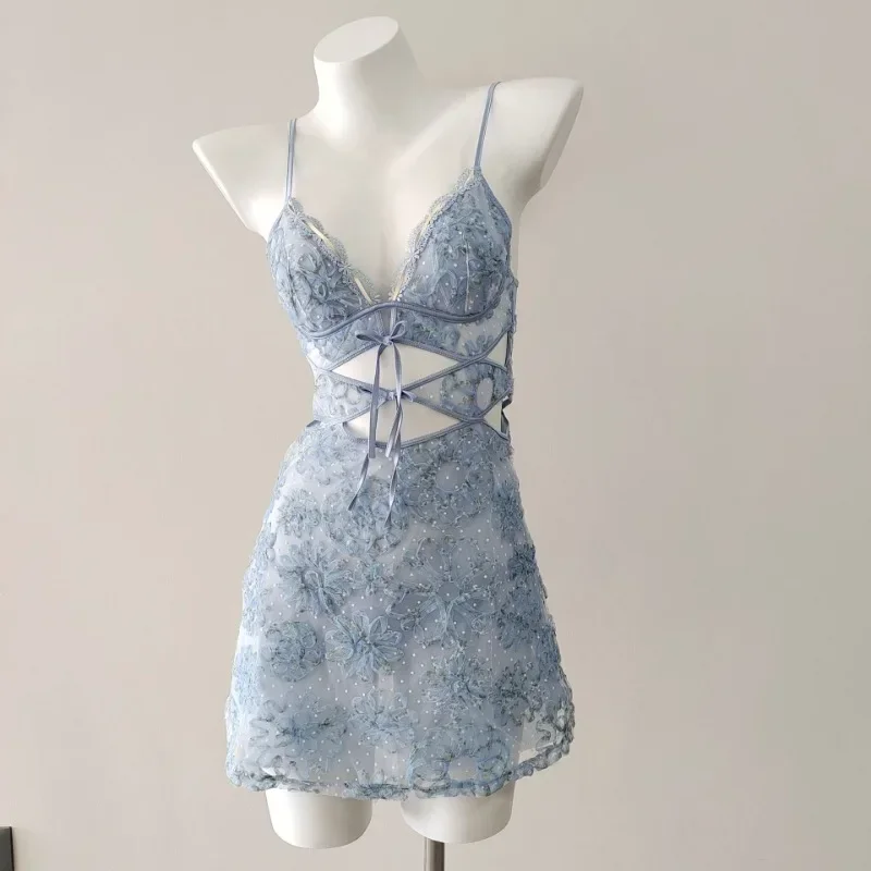 

Vintage 2025 Chest Flower Hollow Lace Mesh See Through Nightdress New Women's Homewear with Panty Pajama Lingerie Set dsuh2f