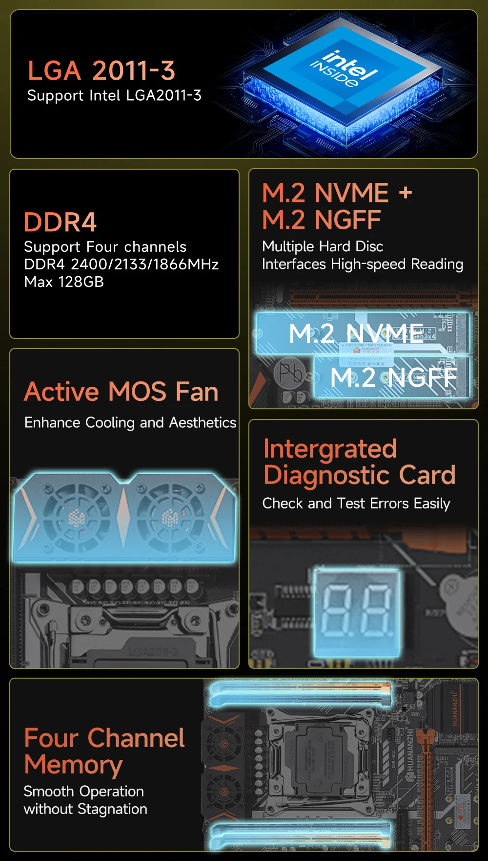 HUANANZHI X99 AD4 LGA 2011-3 XEON X99 Motherboard combo support Intel E5 2640 2666 2670 2678 2696 V3V4 DDR4 RECC NON-ECC NVME