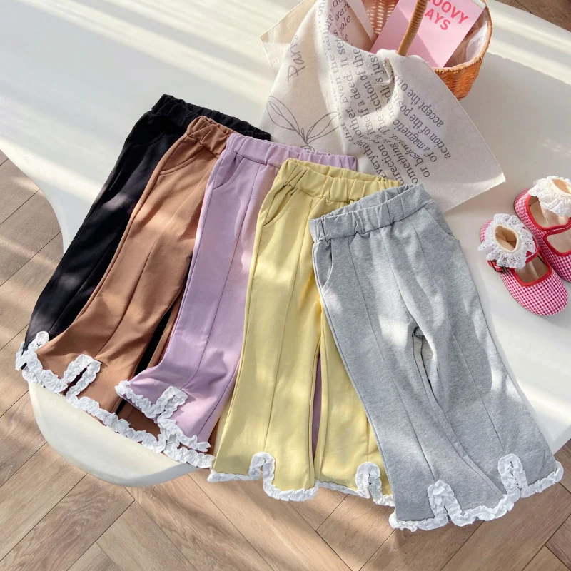 South Korea Children's Clothing Girls' Micro-Elastic Knitted Slim Lace Bootcut Pants Children's Baby Outerwear Western Style Lei