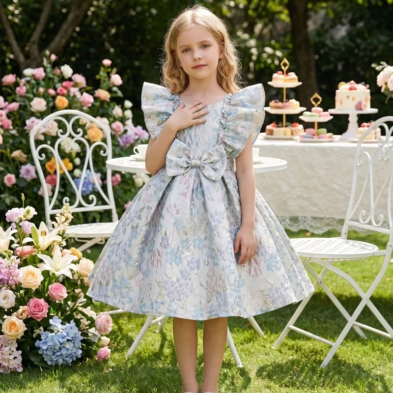 2026 Summer New Toddler Baby 1st Birthday Dress Bow Jacquard Decor Princess Dress Girls Party Formal Dresses