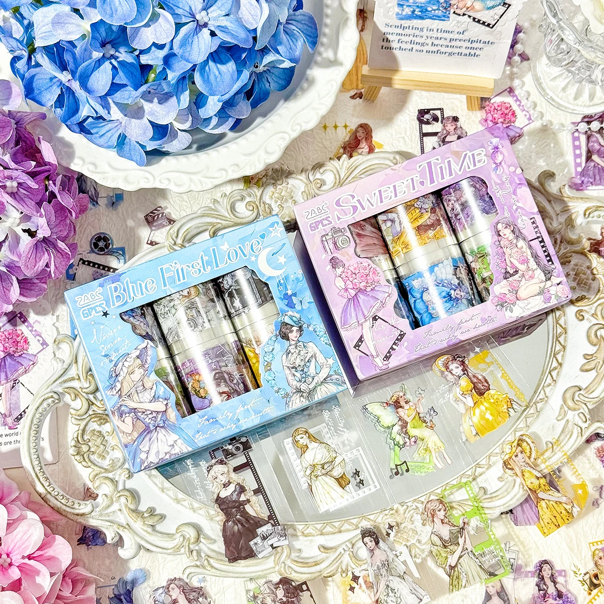 6ロール/箱、漫画の女の子柄のステッカーテープ、DIYスクラップブッキングやギフトボックスの装飾に適しており、スタイリッシュで絶妙です。