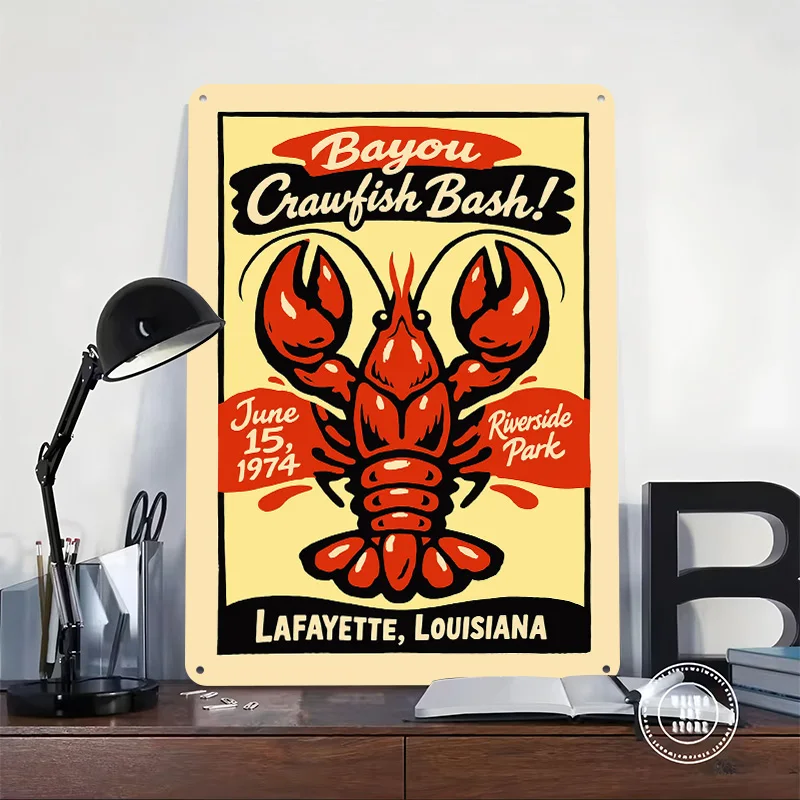 Bayou Crawfish Bash! Vintage Tinplate Poster Custom Wall Art Vintage Metal Signs Retro Tin Plaque for Bathroom Decor House Home