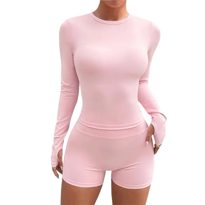 

CYL-Womens Y2K Style Long Sleeve Yoga T Shirt And Sports Shorts Two Piece Set Gym Casual Wear