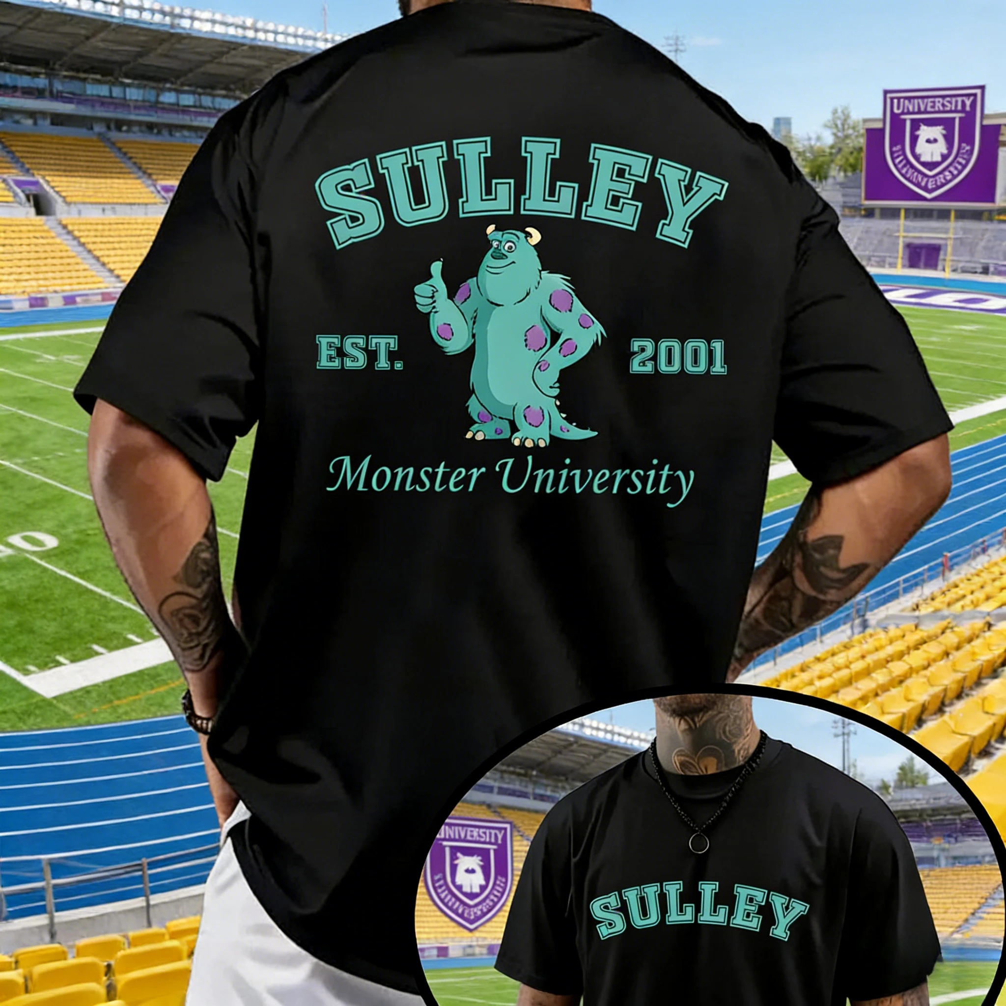 Verano 2025-26 Camiseta de algodón puro con estampado de la Universidad de Disney Monsters, manga corta holgada de moda, estilo Unisplus