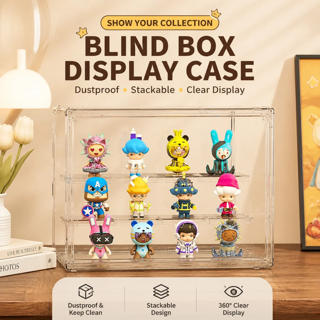 1Pc HD Transparent Acrylic Blind Box Display Case, Stackable Dustproof Organizer for Collectible Figures Desktop Storage