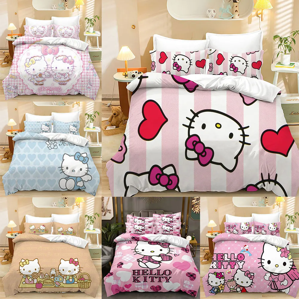 

Hello Kitty Bedding Sets Cute Comforter Quilt Bed Cover Duvet Cover Pillow Case 2-3 Pieces Sets Kids Adult Size