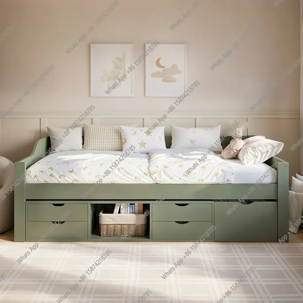 MS MX Solid Wood Children's Bed 1.2 Meters Army Green Storage Bed With Drawer Single-layer Bed Small Apartment Storage Customiza