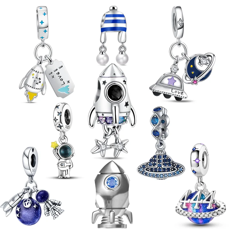 

925 Sterling Silver Space Love Rocket Spaceship Astronaut UFO Pendant Galaxy Beads Fit Original Pandora Charms Bracelet Jewelry