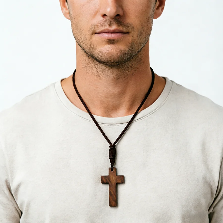 5 Styles Christian Jesus Cross Pendant Necklace Men Premium Selected Dark Brown Rope Chain Meditation Healing Neck Accessories
