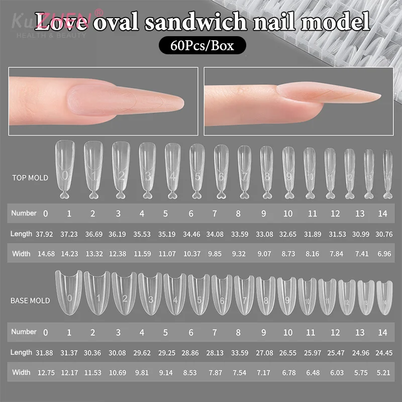 Sandwich en plastique double ongles formes 60pc 15 taille Extensions rapides-doubles formes en forme d'ellipse manucure formes haut moule fond moule 3D