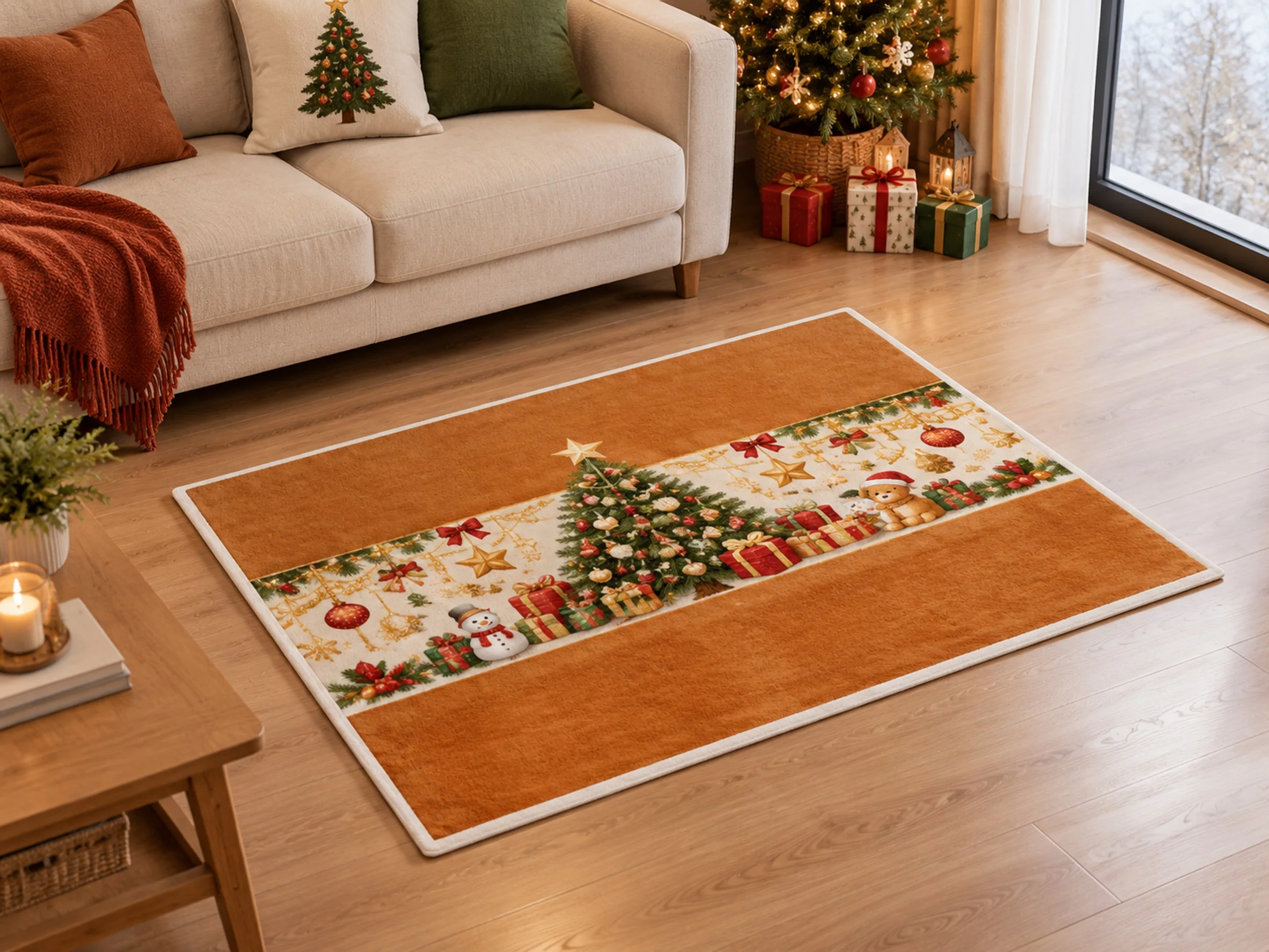 VIKAMA Christmas Amber Brown Xmas Tree Flannel Door Mat, Anti-Slip Absorbent Door Mat, Xmas Decor for Office, Balcony, Laundry
