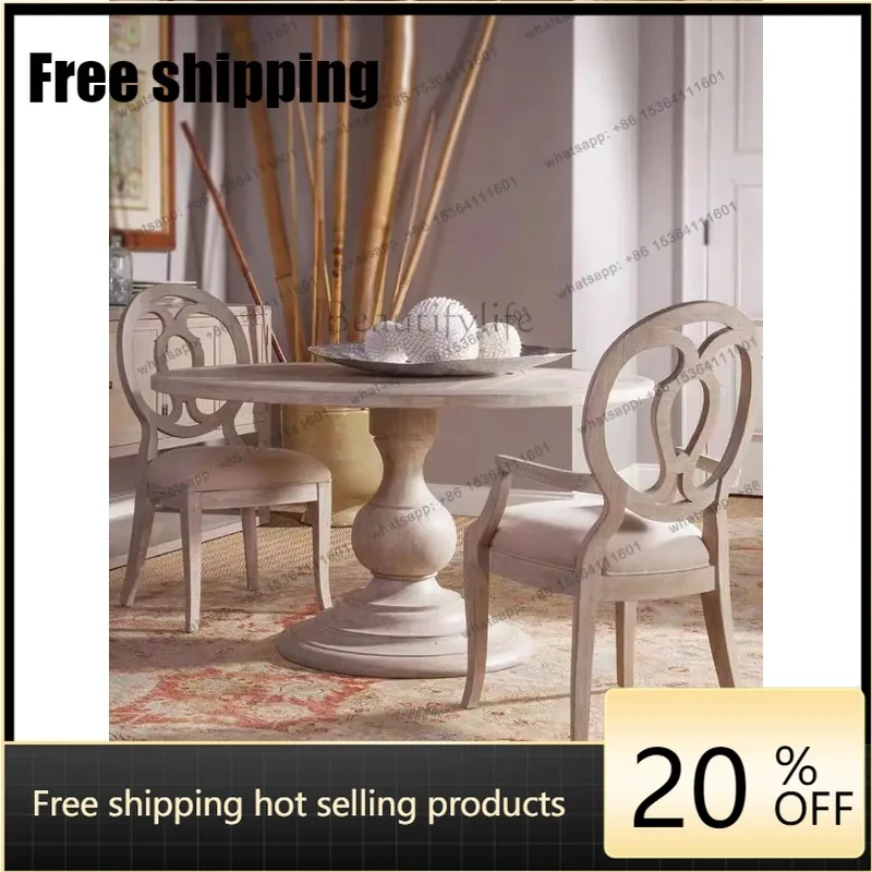 HJ American country solid wood dining table and chair combination French retro old round dining table
