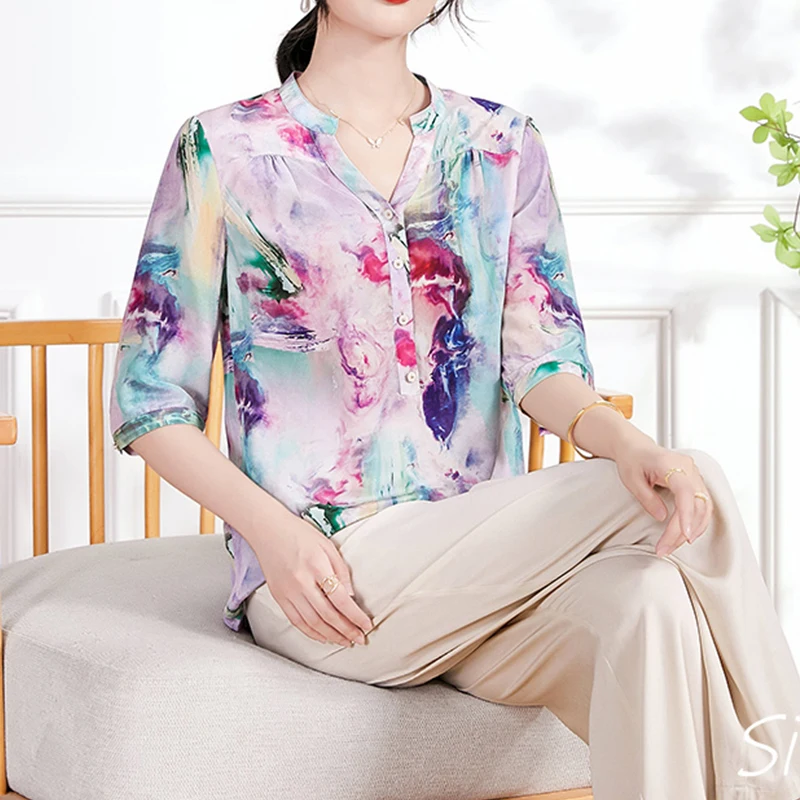 BirdTree 100%Real Silk Plus Size Shirt Women,V-Neck Half Sleeves Print,Versatile Temperament Blouse,2024 Spring New T42311QD