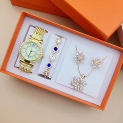 Montres à quartz en acier diamant pour femmes, bracelets créatifs pour dames, collier et boucles d'oreilles, bracelet tendance, boîte incluse, 4 pièces