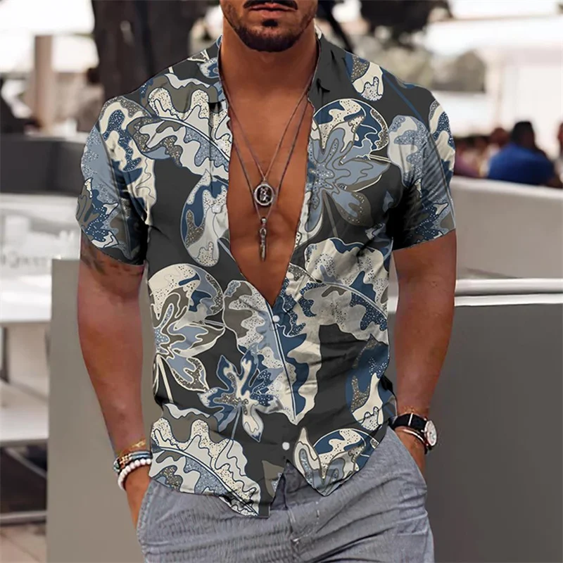 Men\'s Hawaiian Shirts Floral Leaves Elegant Flower Pattern High Quality Society Social Casual Vacation Fashion Luxury Clothing