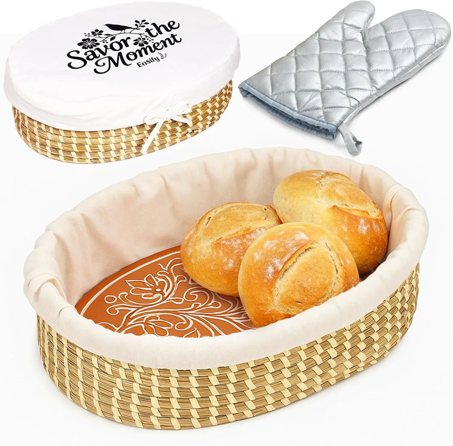 

Large Oval Bread Warmer Basket with Stone, Liner, Lid & Glove - Terracotta Serving for Rolls & Tortillas, Kitchen Gift