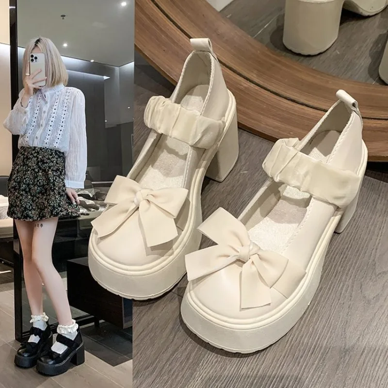 

Mary Jane Shoes British Style 2024 Autumn New Thick Soled High Heels Bow Comfort Women Increase Loafers Sandalias De Plataforma