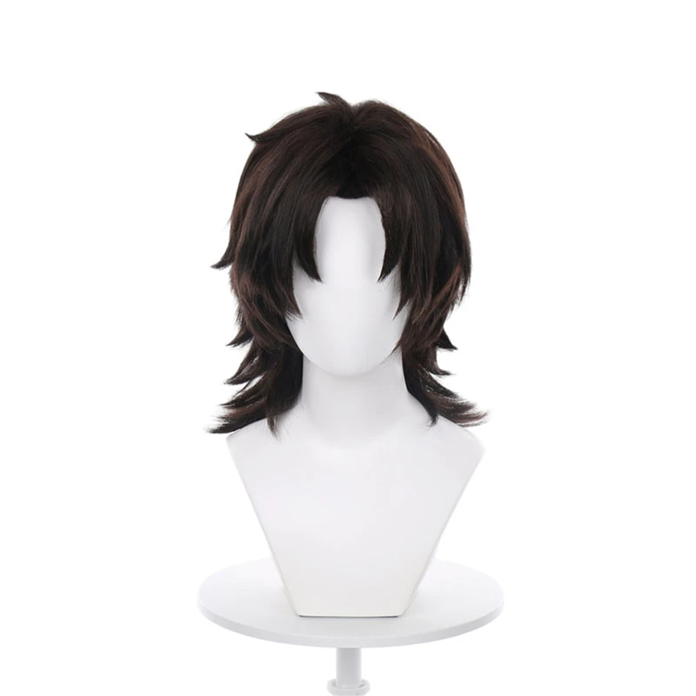 Medium Length Dark Brown Synthetic Cosplay Wig for Anime Characters, Layered Fluffy Style with Natural Curl Ends