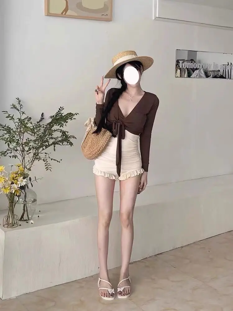 

Retro One-Piece Swimsuit Women's Long Sve 2024 New Sle with Cover up High-End Feeling Two-Piece Set Nylon Spandex Polyester