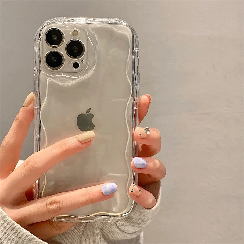 Wave Pattern Solid Color Cream For iPhone 11 12 13 14 15 16 Pro Max Plus Mini Transparent Resistant Couple Clear Shockproof Case image 2