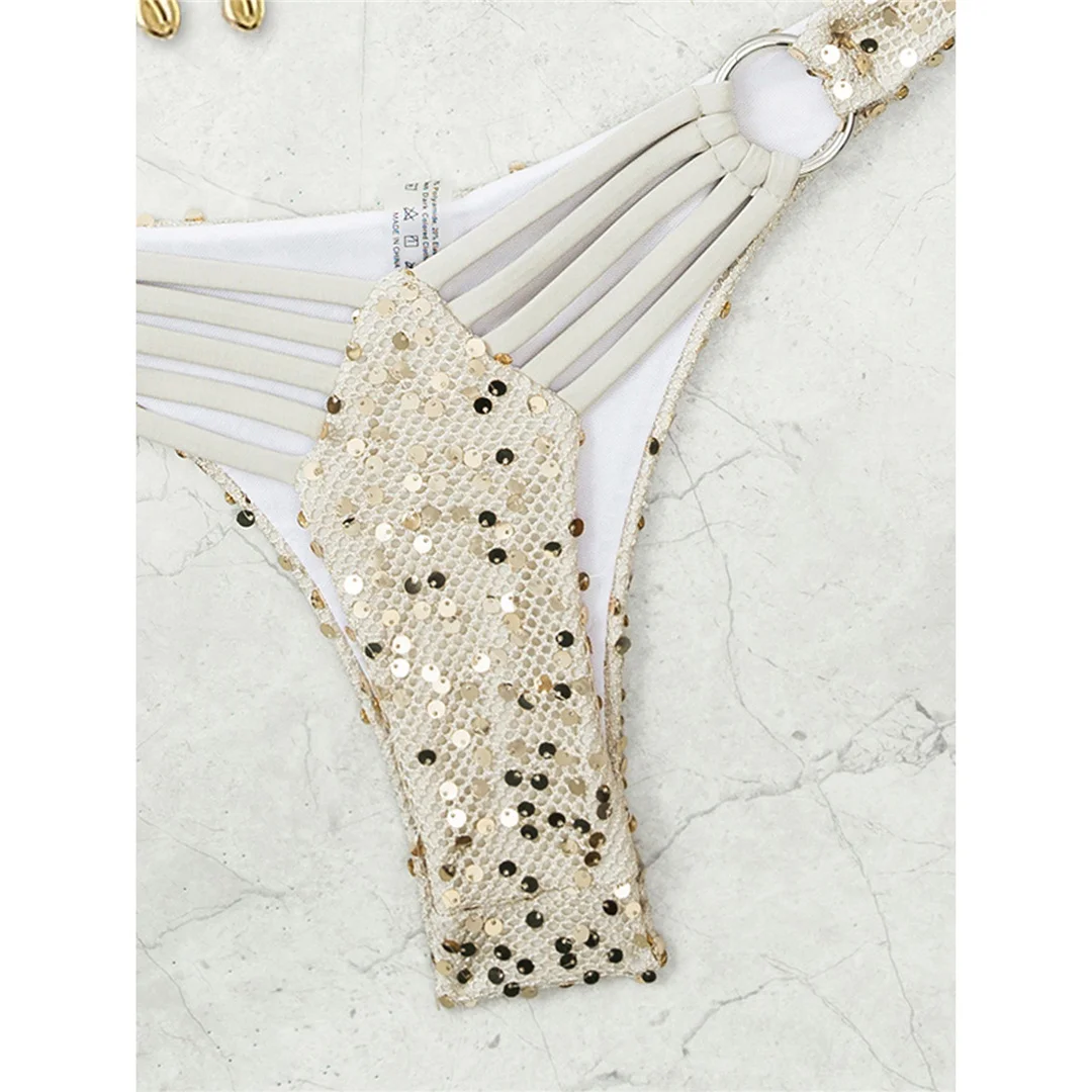Glänzender Pailletten-Bikini mit Neckholder, Damen-Badeanzug, zweiteiliges Bikini-Set, brasilianischer Badeanzug mit Polsterung, Badebekleidung, Schwimmanzug V7619 – Detail 6
