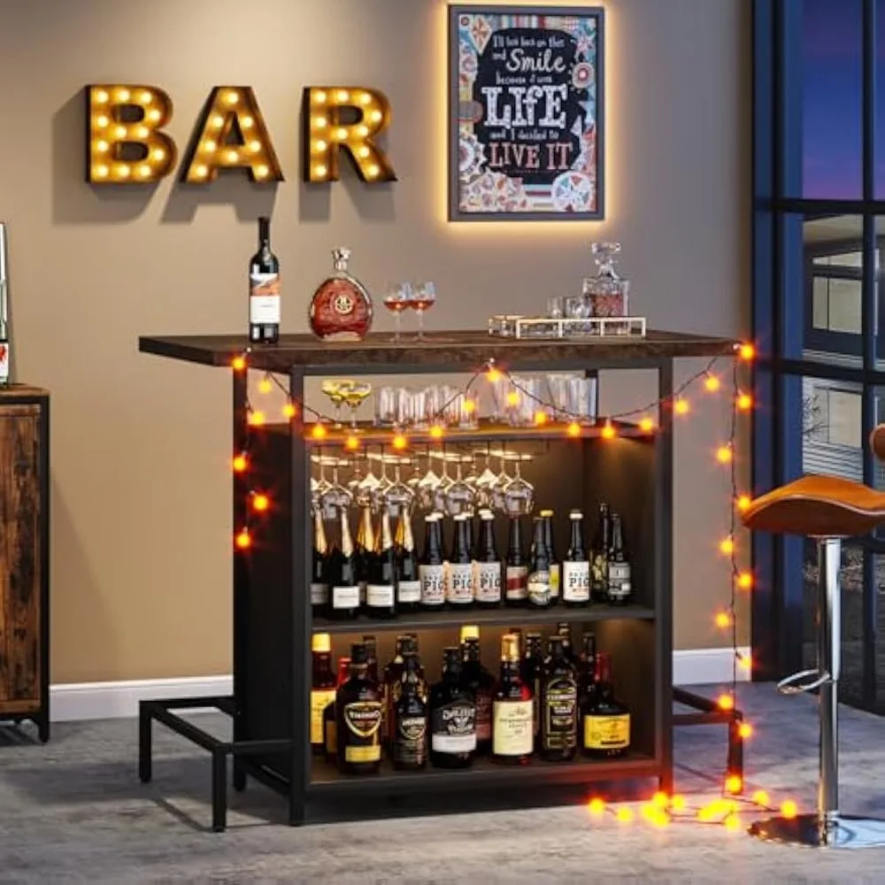 

Industrial Home Bar Unit, 3-Tier Liquor Bar Table with 4 Stemware Racks, Wine Bar Cabinet Storage Shelf with Footrest