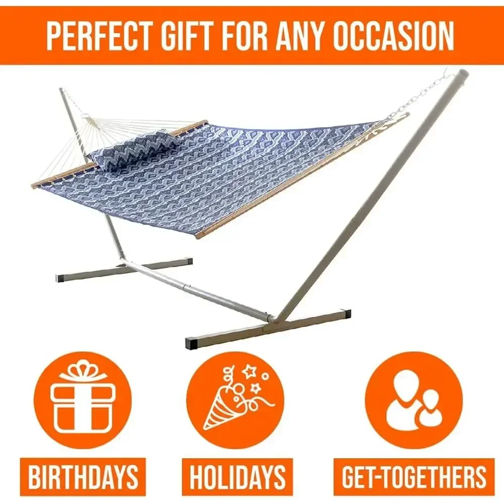 2-Person Quilted Hammock with Stand and Pillow – Ikat Pattern, 10ft L x 52in W, 350 lbs Capacity, Weather-Resistant Polyester, P