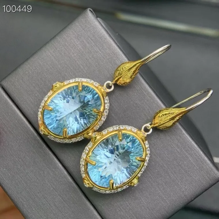 Natural Topaz Earrings, 925 Silver Two-Tone Finish Handmade Blue Gemstone 12x16mm Main Stones, Crystal Jewelry Gift for Women