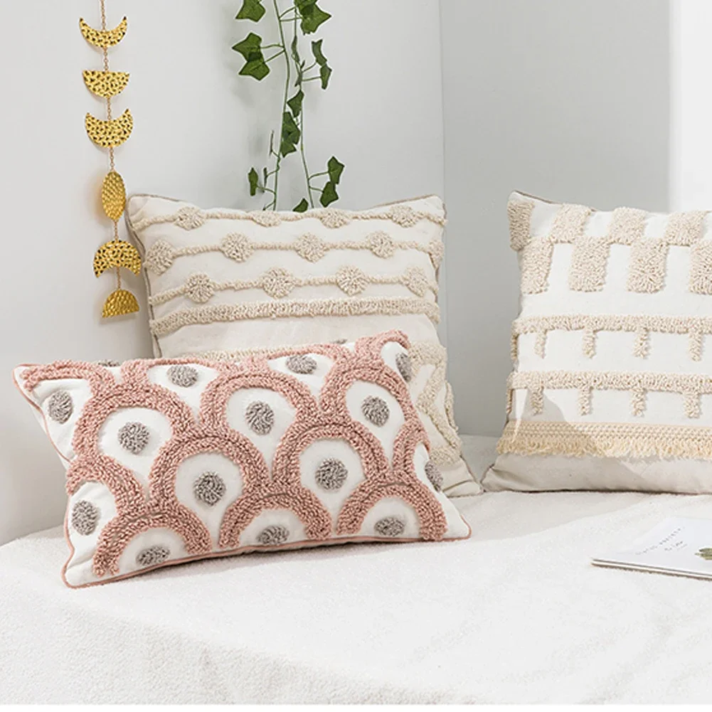 KAUNFO Geometric Pattern Tufted Embroidered Style Cushion Cover Sofa Decorative Pillow Covers 45x45cm/30x50cm 1PC