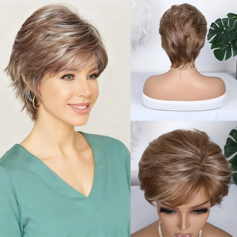 

Chic Short Layered Curly Wig with Bangs for Women | Heat Resistant Synthetic Hair, 100% Density, Elegant Style, Rose Net Cap.
