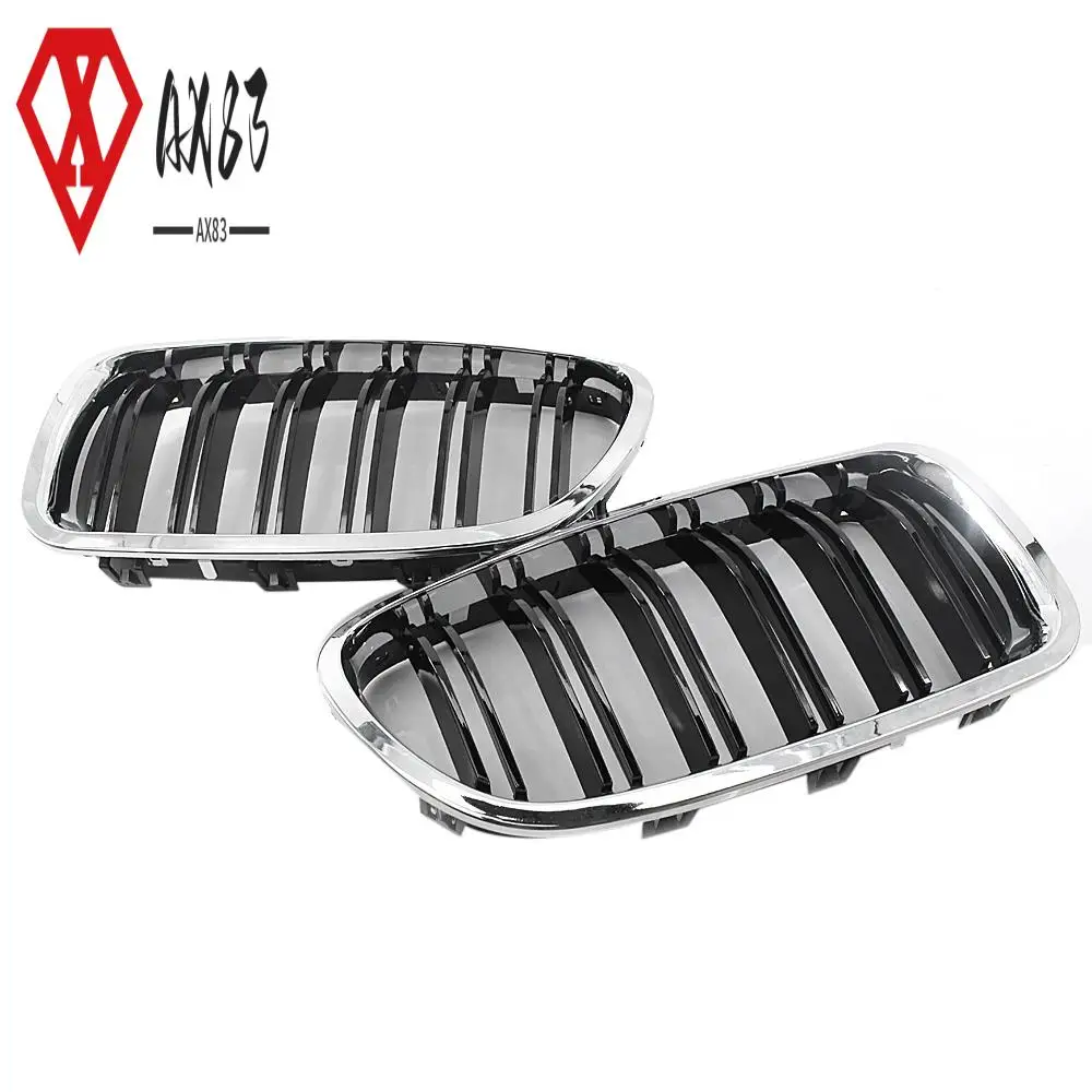 

AX83-Car Chrome+Glossy Black Dual Slats Front Kidney Grille Grill For-BMW F10/ F11 M5 535I 550I 528I 4-Door 2010-2017