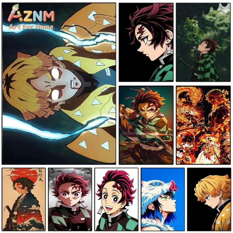 Demon Slayer Anime Canvas Wall Art Zenitsu Tanjiro Inosuke Rengoku Poster Unframed Canvas Painting Home Bedroom Wall Decor Art