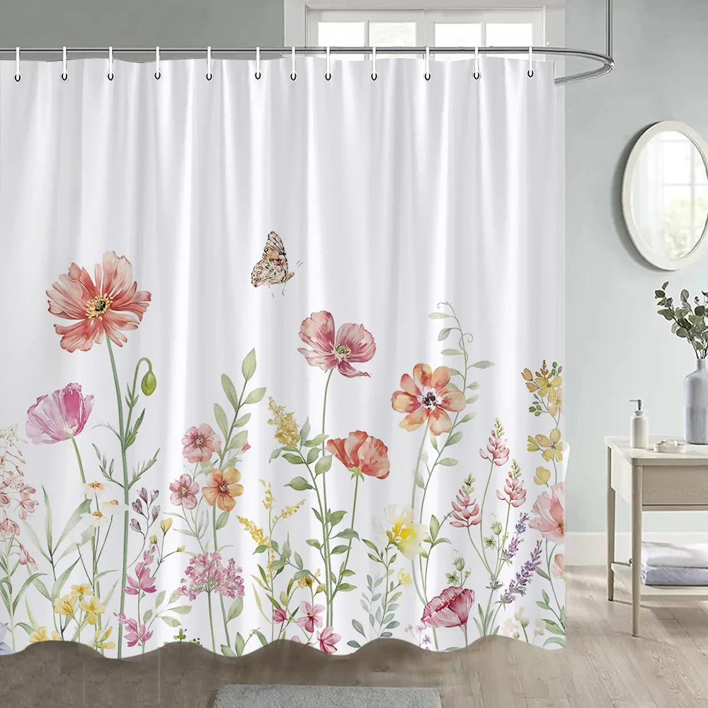 Floral Shower Curtains Watercolour Blue Purple Flowers Butterfly Leaves Plant Bath Curtain Polyester Bathroom Decor with Hooks