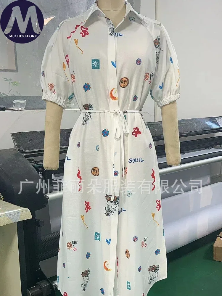 

Woman Clothing Shirt 2025 Summer New Fashionable Printed Lantern Sleeves Lapel Shirts Elegant Casual Loose Long Lace Up Shirt