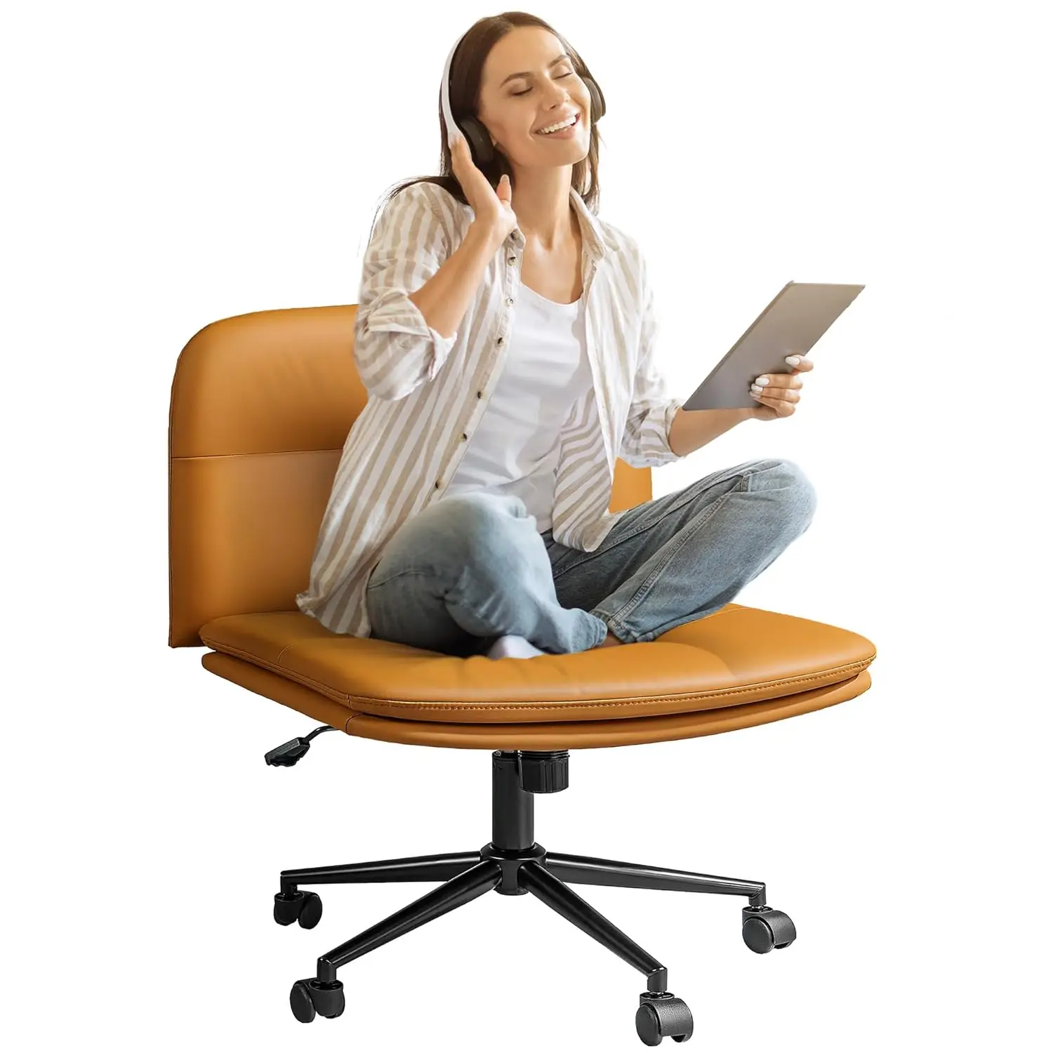 

Cross Legged Office Chair Armless Desk Chairs Comfy Wide Seat Criss Cross Chair with Wheels Vanity Chair for Living Room Bedroom