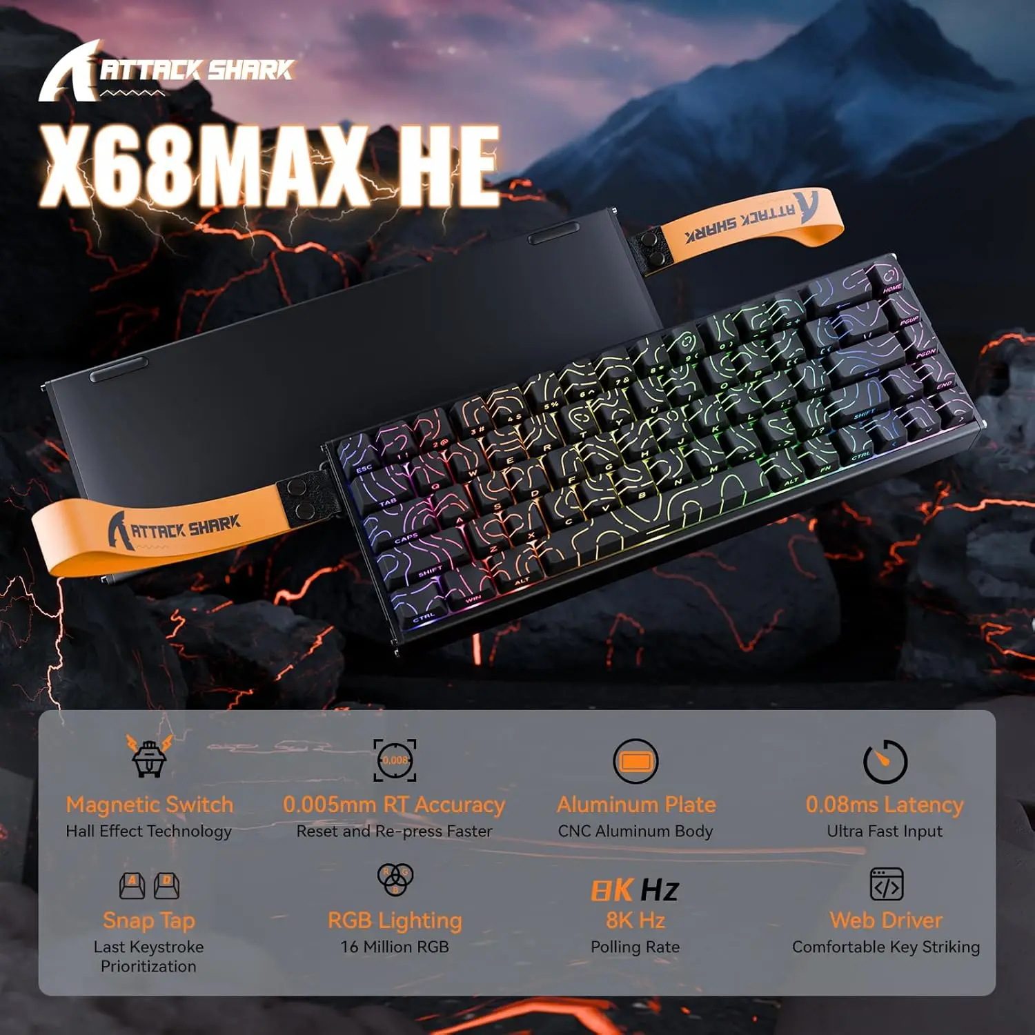 ATTACK SHARK X68MAX HE Rapid Trigger Wired Aluminum Gaming Keyboard,0.005mm RT Accuracy,Hall Effect Magnetic Switches,8KHz,RGB