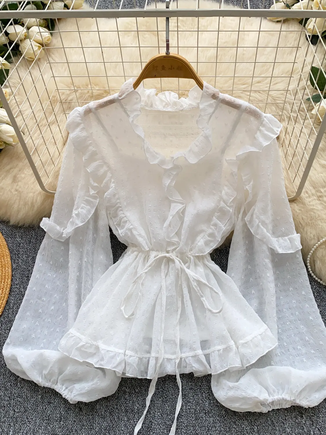 

Women White V-neck Puff Sleeve Blouses and Shirts Lace Ruffled Long Sleeve Luxury Shirt Blouse Korean Style Elegant Summer 2026