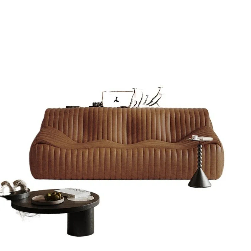 American medieval oil wax leather wavy sofa, straight row three-person French leather sofa