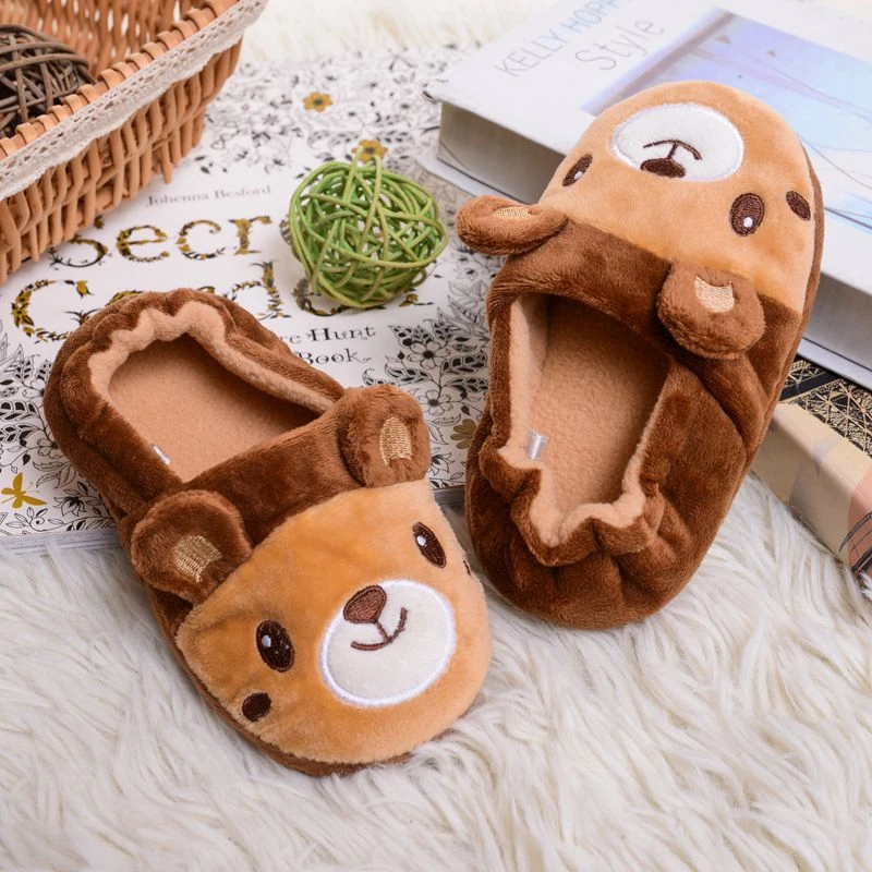 New Toddler Boy Slippers Indoor Winter Plush Warm Little Kid House Footwear Cartoon Brown Bear Rubber Sole Home Shoes Baby Items