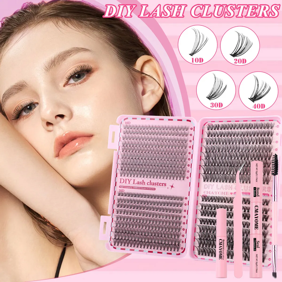 Eyelash Extension Kit DIY False Eyelashes Makeup 20/30/40/60/80/100D Lash Clusters Set Lash Bond and Seal Tweezers Makeup Tool