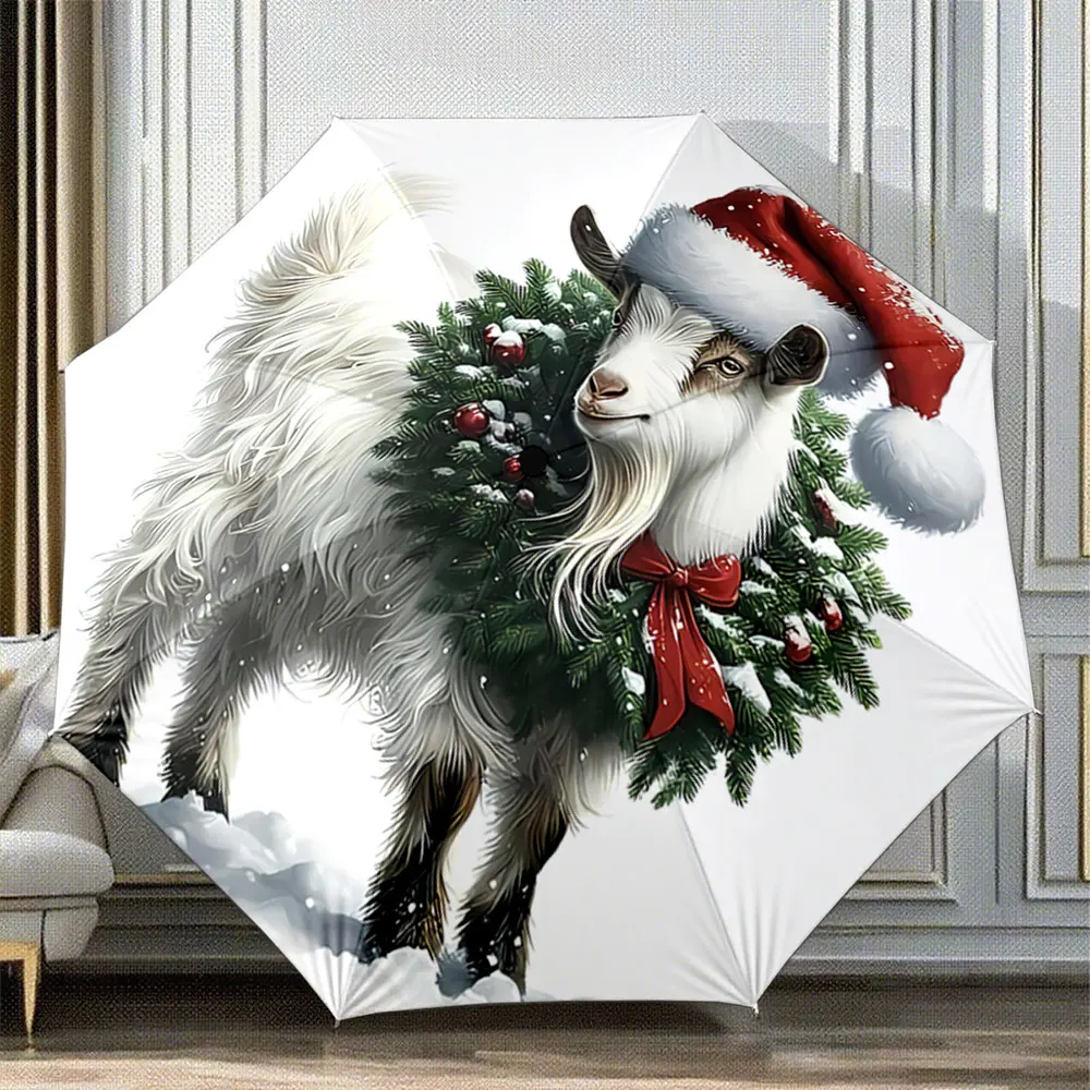 Weihnachtsziege mit Weihnachtsmannmütze und festlichem Kranz-Design, tragbarer, zusammenfaltbarer Regenschirm, ein Geschenk für Familie und Freunde.