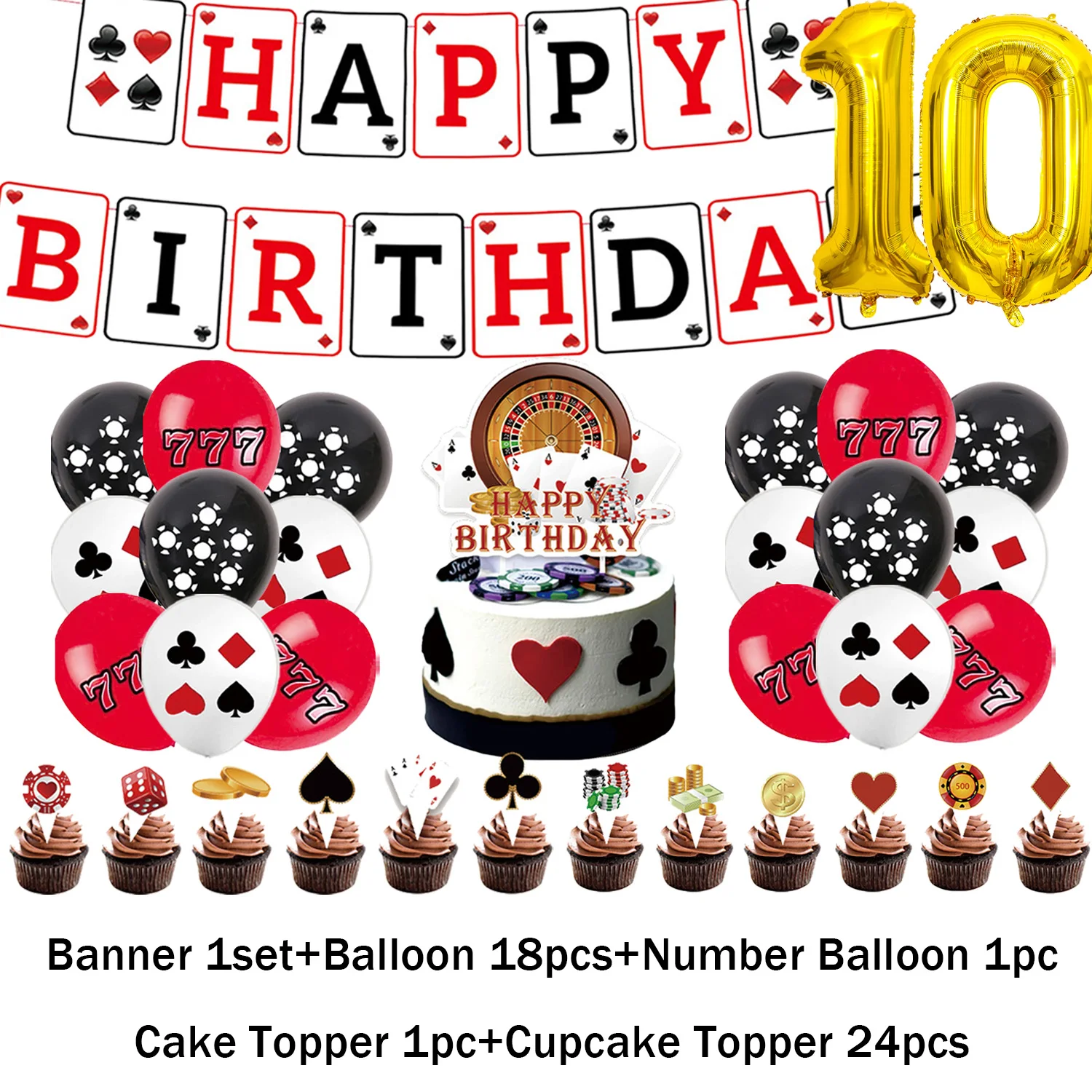 Poker Casino Nacht Themen-Geburtstagsparty Dekorationszubehör Cupcake-Topper Ballon Teller Becher Banner Porträt-Fotografie Banner – Detail 7