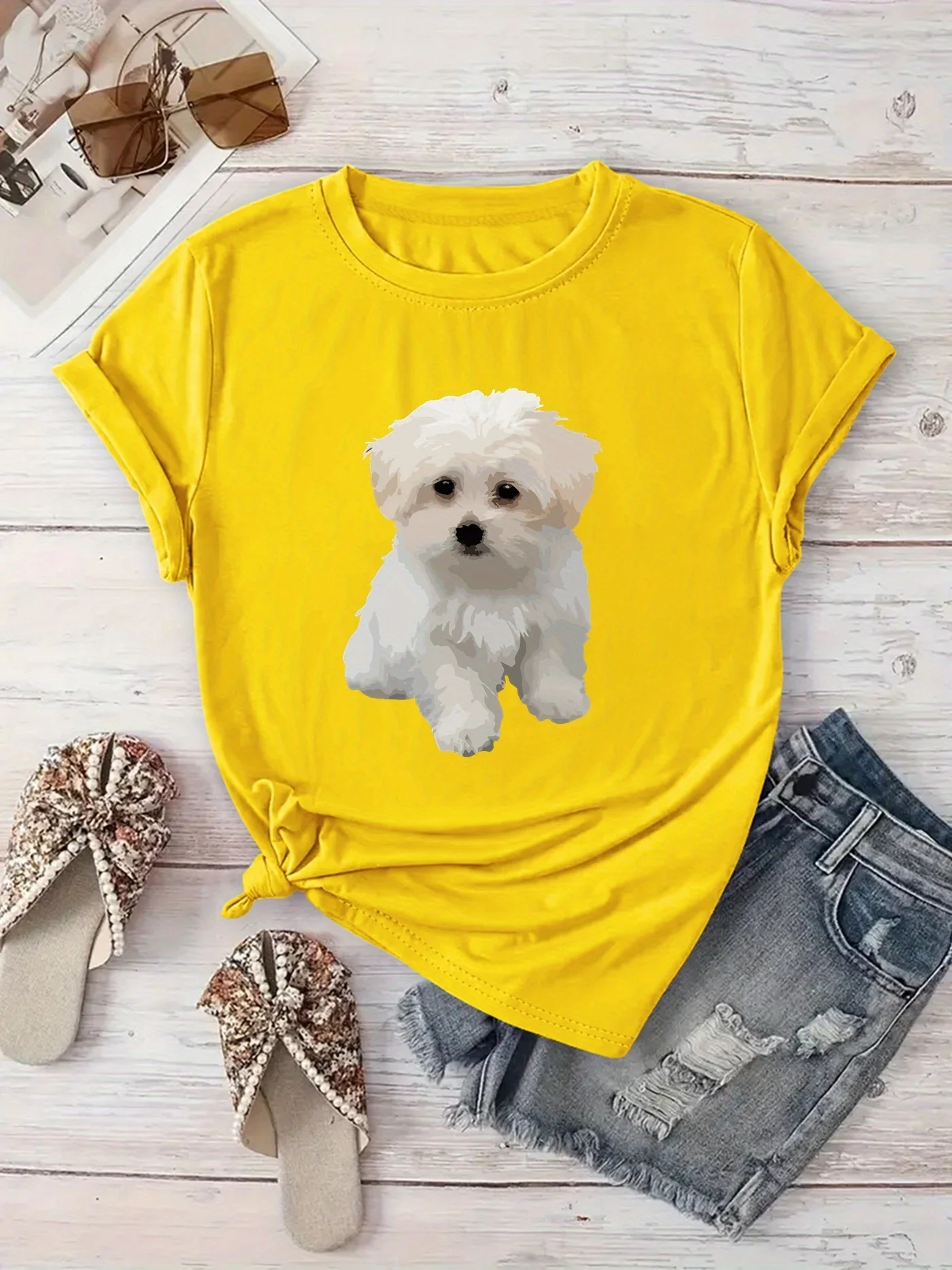 

Женская повседневная футболка с круглым вырезом, милый принт пуделя, с коротким рукавом, весна/лето, модные топы, повседневные повседневные топы для отпуска, игривый принт