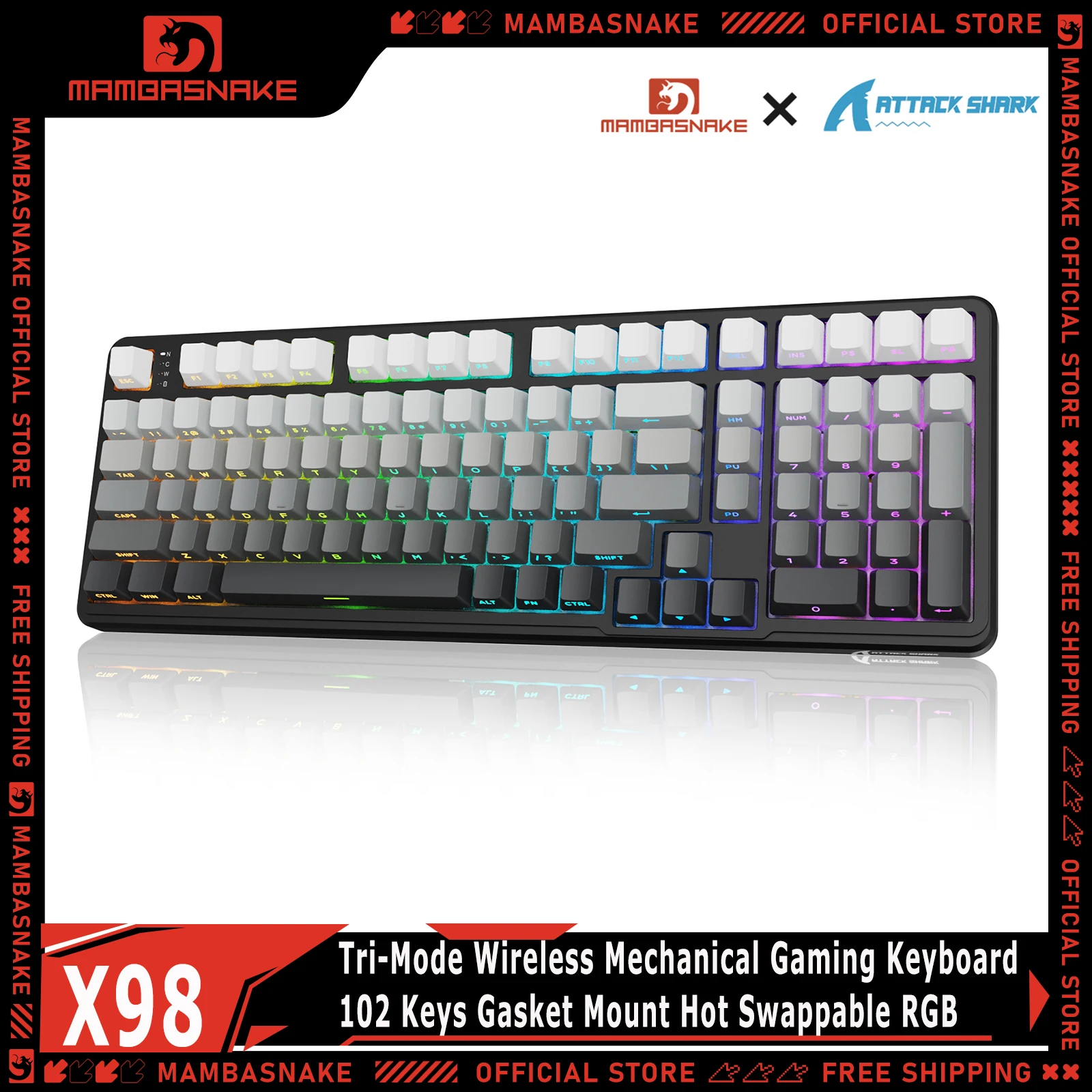 ATTACK SHARK X98 Tri-Mode Wireless Mechanical Gaming Keyboard 98% Layout 102 Keys Gasket Mount Hot Swappable RGB For PC