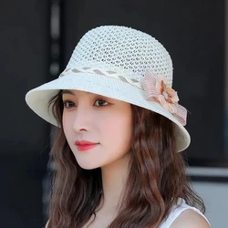 2024 New Summer Solid Floppy Hollow Breathable Straw Hats For Women Flower Accessories Ladies Summer Beach Sun Caps